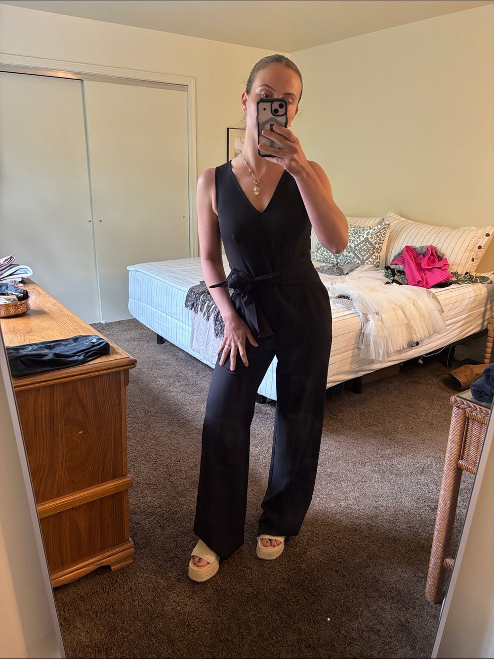 Vince Camuto Black V-Neck Sleeveless Jumpsuit with Self-Tie Waist